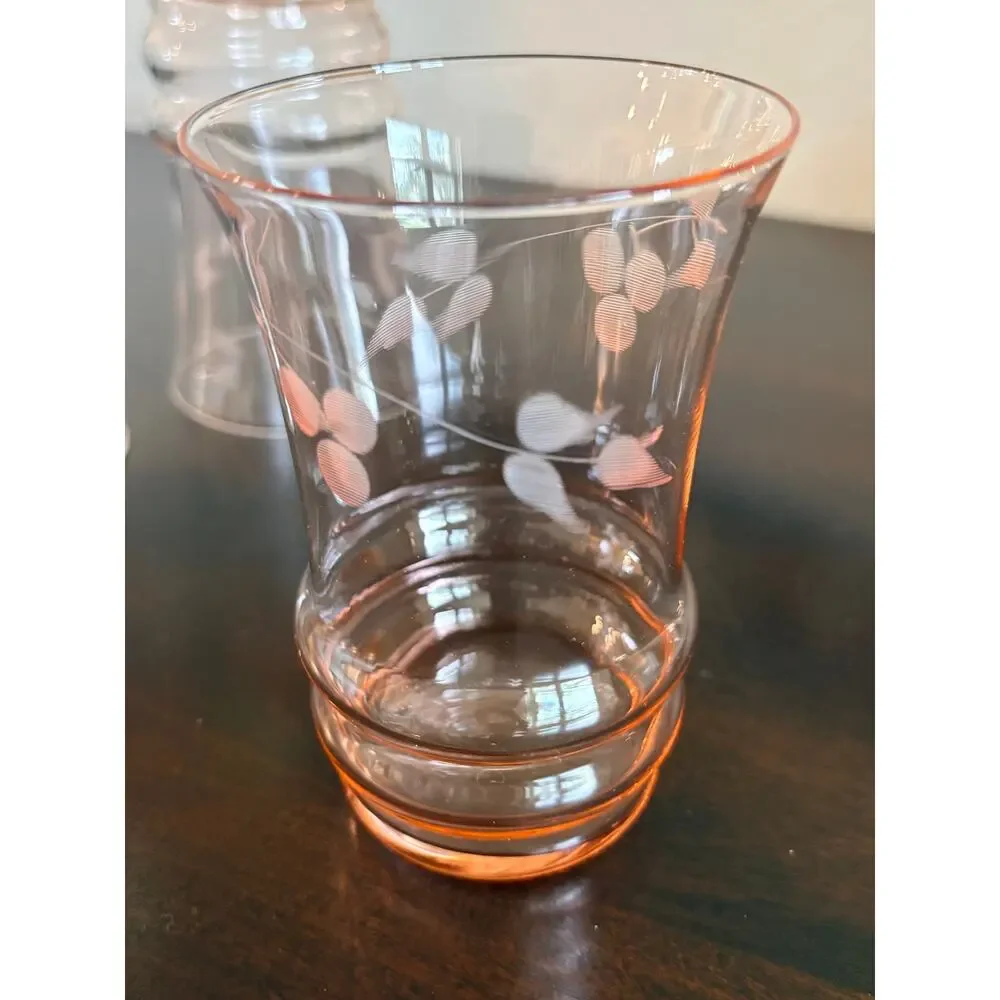 Vintage MacBeth-Evans Pink Leaf Etch Juice Glasses Set of 3 Depression Glass